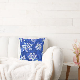 Indigo Abstract Watercolor Snowflakes Throw Pillow