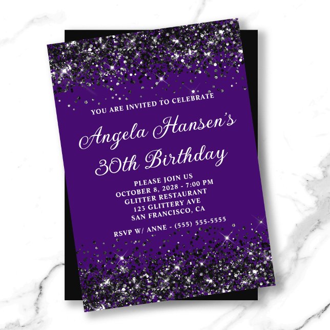 Indigo and Black Glitter 30th Birthday Invitation (Indigo and Black Glitter 30th Birthday Invitation)