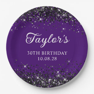 Indigo and Black Glitter 30th Birthday Paper Plate