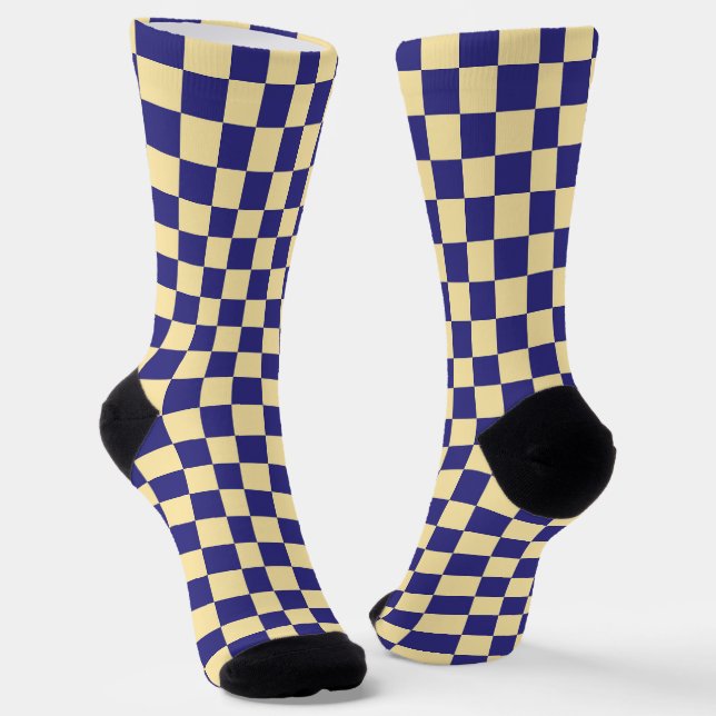Indigo and butter checkerboard pattern socks (Angled)