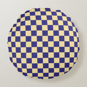 Indigo and butter chequerboard pattern round cushion