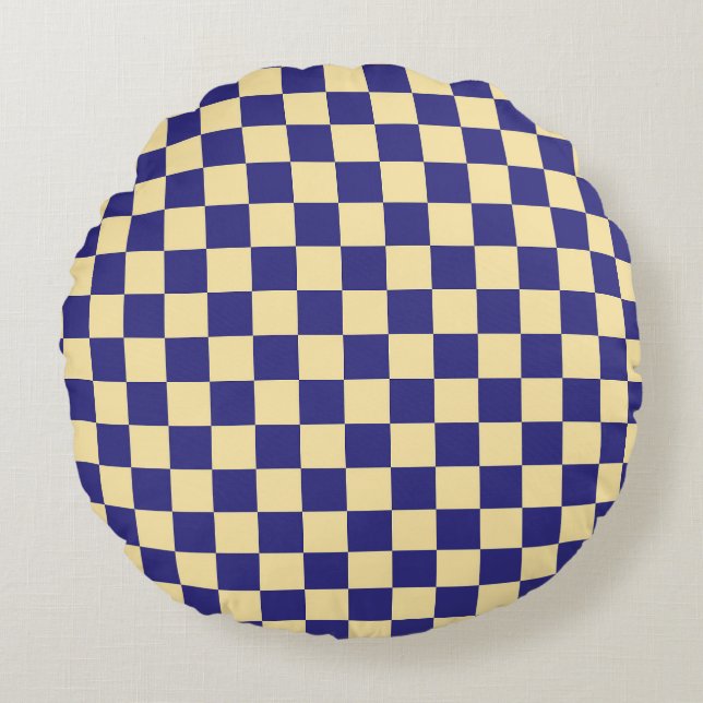 Indigo and butter chequerboard pattern round cushion (Front)