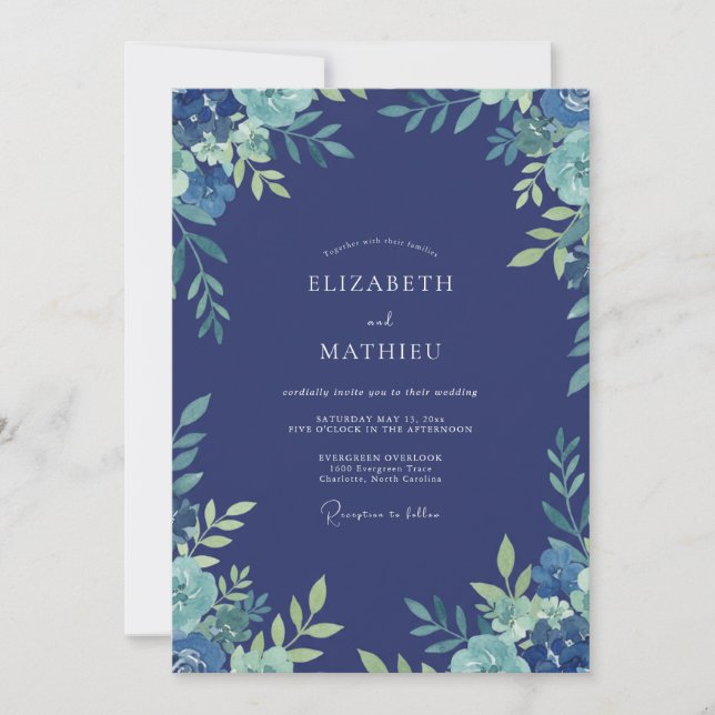 Indigo Aqua Leafy Wedding Invitation (Front)