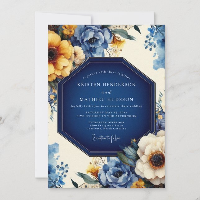 Indigo Artistic Bloom Wedding Invitation (Front)