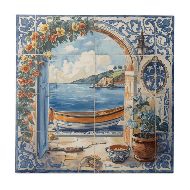 Indigo Azulejo Blue and yellow Portuguese  Ceramic Tile (Front)