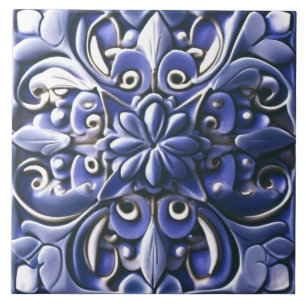 Indigo Azulejo Blue Faux Relief Botanical Flower Ceramic Tile