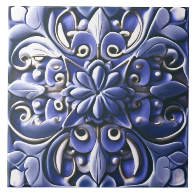 Indigo Azulejo Blue Faux Relief Botanical Flower Ceramic Tile (Front)