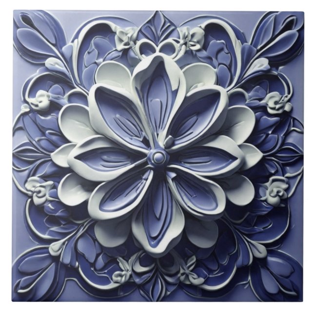 Indigo Azulejo Blue Portuguese Faux Relief Floral Ceramic Tile (Front)
