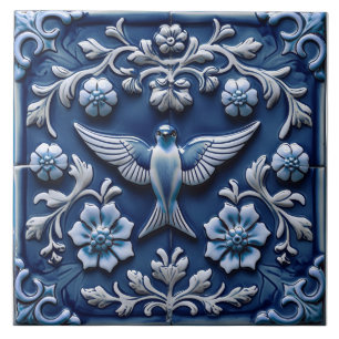 Indigo Azulejo Blue Portuguese Lisbon bird Ceramic Tile