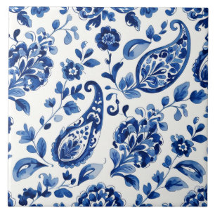 Indigo Azulejo Blue Portuguese Lisbon Botanical Ceramic Tile