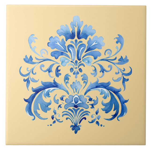 Indigo Azulejo Blue Portuguese Lisbon Botanical Ceramic Tile (Front)