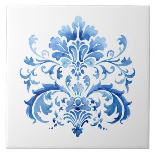 Indigo Azulejo Blue Portuguese Lisbon Botanical Ceramic Tile