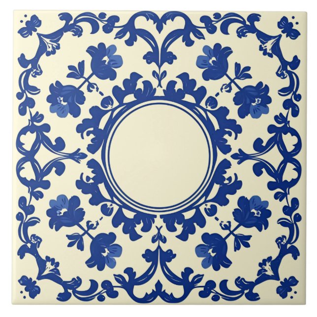 Indigo Azulejo Blue Portuguese Lisbon Botanical Ceramic Tile (Front)