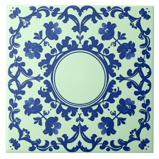 Indigo Azulejo Blue Portuguese Lisbon Botanical Ceramic Tile (Front)