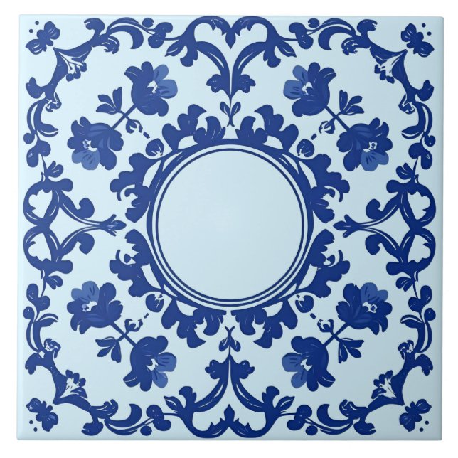 Indigo Azulejo Blue Portuguese Lisbon Botanical Ceramic Tile (Front)