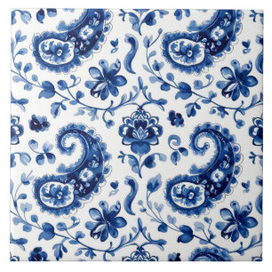 Indigo Azulejo Blue Portuguese Lisbon Botanical Ceramic Tile