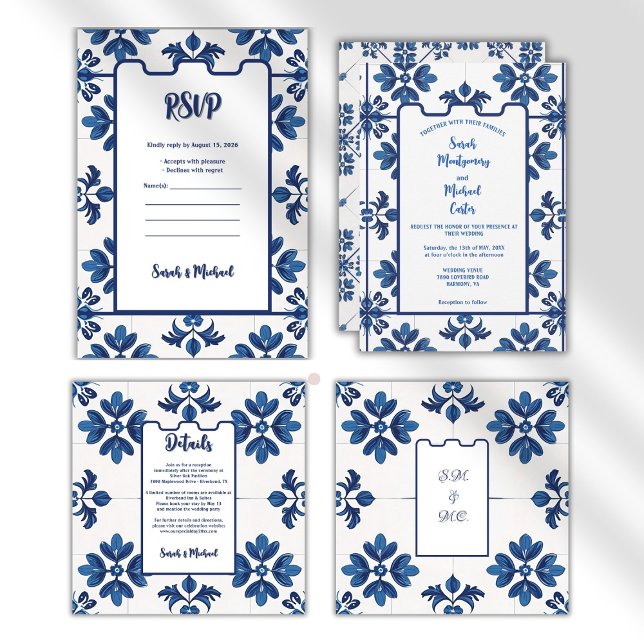 Indigo Azulejo Blue Portuguese Lisbon Decorative  Save The Date (timeless aesthetic,indigo blue,azulejo, tiles, stationary)