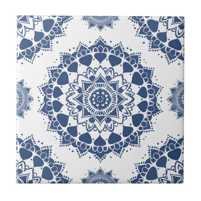 Indigo Azulejo Blue Portuguese Mandala  Ceramic Tile (Front)
