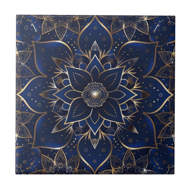 Indigo Azulejo Blue Portuguese Mandala Decorative Ceramic Tile (Front)