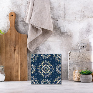 Indigo Azulejo Blue Portuguese Mandala Decorative Ceramic Tile