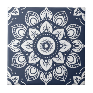 Indigo Azulejo Blue  Portuguese Mandala Decorative Ceramic Tile