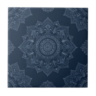Indigo Azulejo Blue Portuguese Mandala Decorative Ceramic Tile