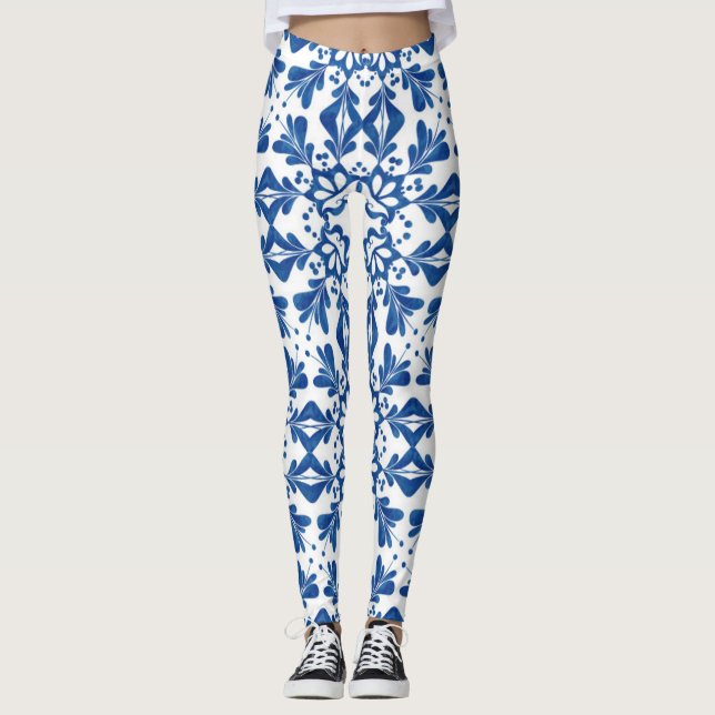 Indigo Azulejos Blue and White Pattern Tiles  Leggings (Front)