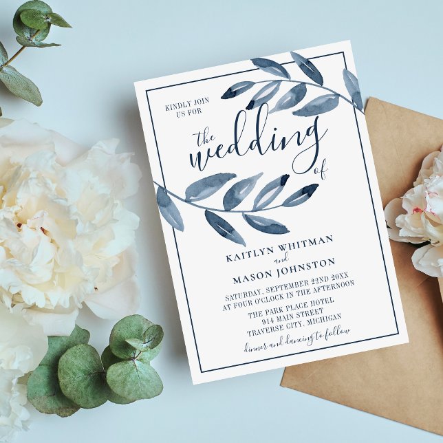 Indigo Bliss Watercolor Leaf Branch Wedding Invitation (Creator Uploaded)