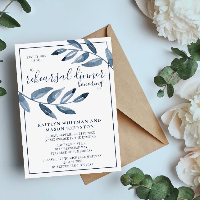 Indigo Bliss Watercolor Leaf Rehearsal Dinner Invitation (Creator Uploaded)