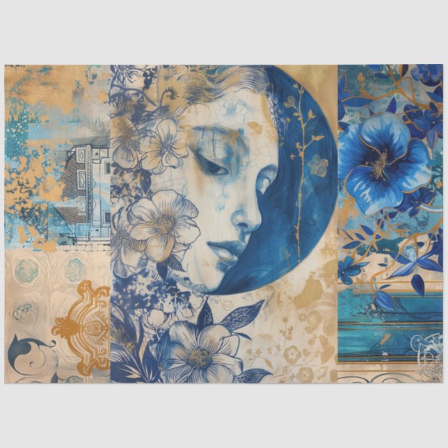 Indigo Blue Abstract Art Collage Decoupage Tissue Paper (Front)
