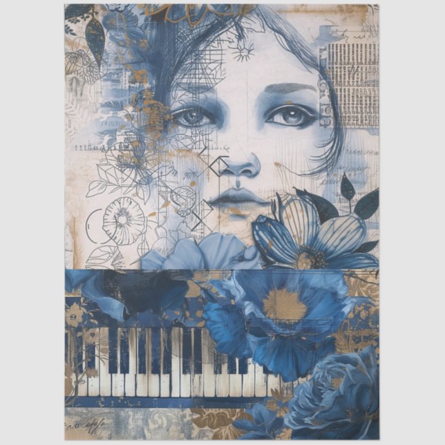 Indigo Blue Abstract Art Collage Decoupage Tissue Paper (Front)