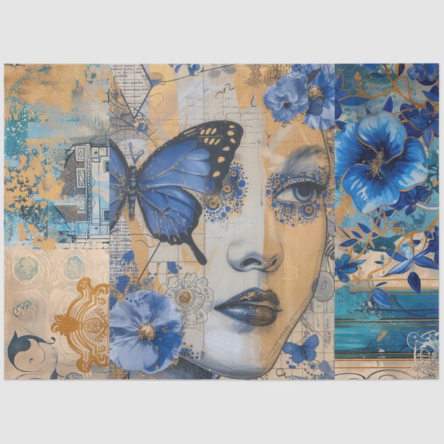 Indigo Blue Abstract Art Collage Decoupage Tissue Paper (Front)
