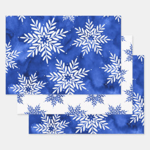 Indigo Blue Abstract Watercolor Snowflakes   Wrapping Paper Sheet