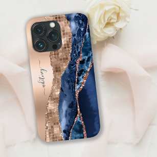 Indigo Blue Agate Geode & Rose Gold Leaf Modern iPhone 13 Pro Max Case