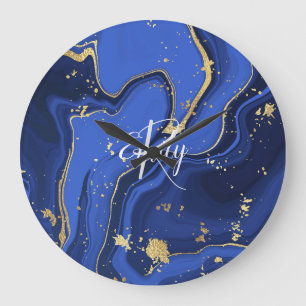 Indigo Blue Agate Marble Abstract Name Monogram  Large Clock