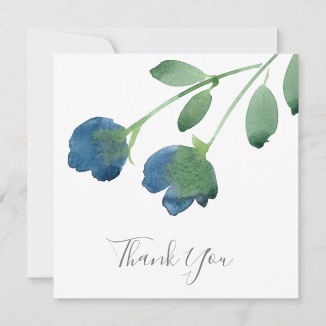 Indigo Blue and Green Watercolor Flowers Thank You (Front)