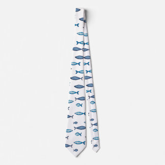 Indigo Blue and Teal Watercolor Fishes Tie