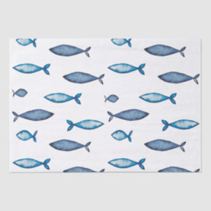Indigo Blue and Teal Watercolor Fishes Tissue Paper