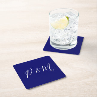 Indigo Blue and White Minimalist Wedding Square Paper Coaster