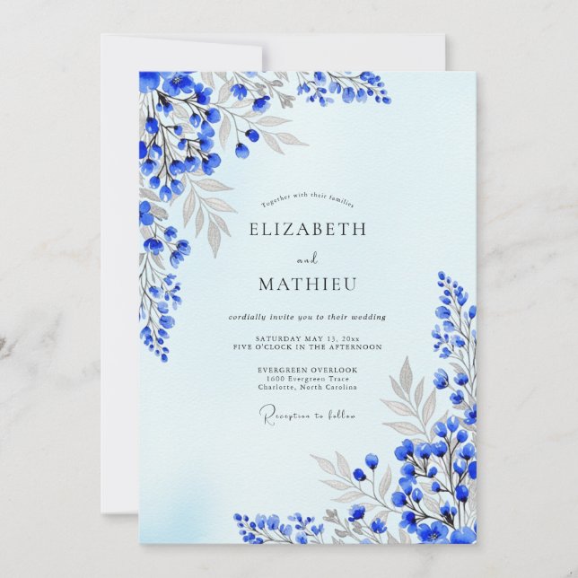 Indigo Blue Artistic Spring Wedding Invitation (Front)