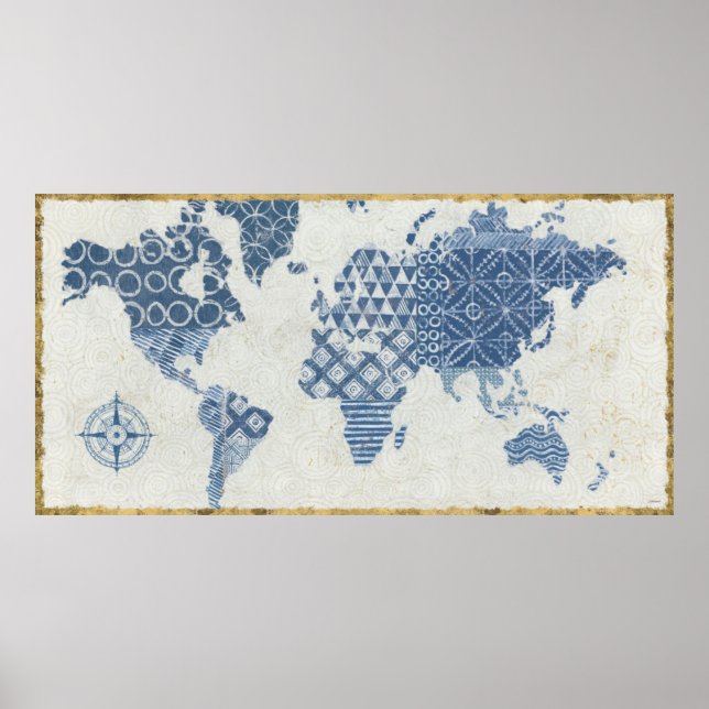 Indigo Blue Batik Map of the World Poster (Front)