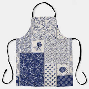 Indigo Blue Beige Floral Patchwork Apron