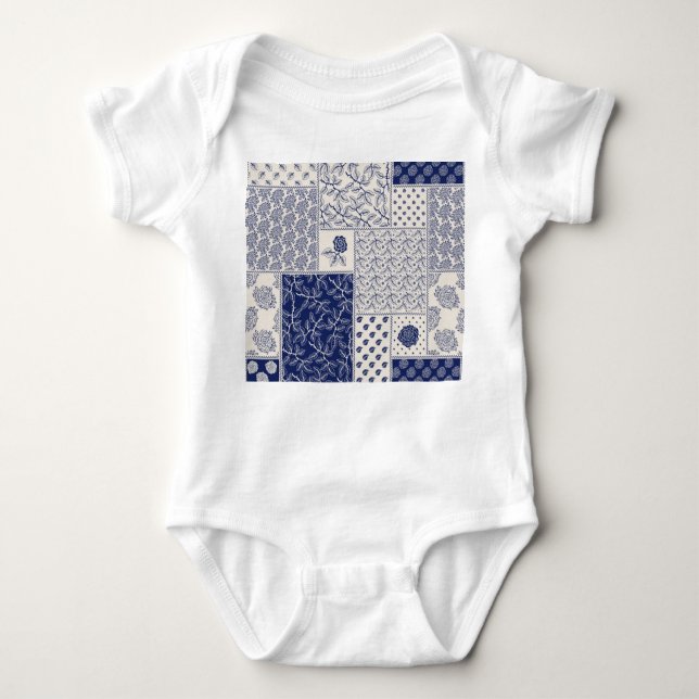 Indigo Blue Beige Floral Patchwork Baby Bodysuit (Front)