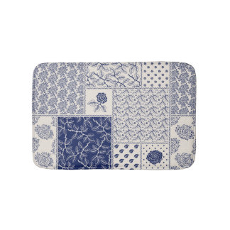 Indigo Blue Beige Floral Patchwork Bath Mat