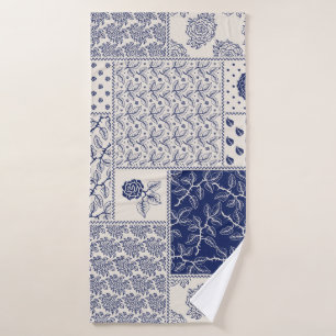 Indigo Blue Beige Floral Patchwork Bath Towel