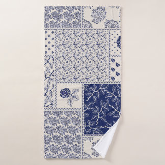 Indigo Blue Beige Floral Patchwork Bath Towel
