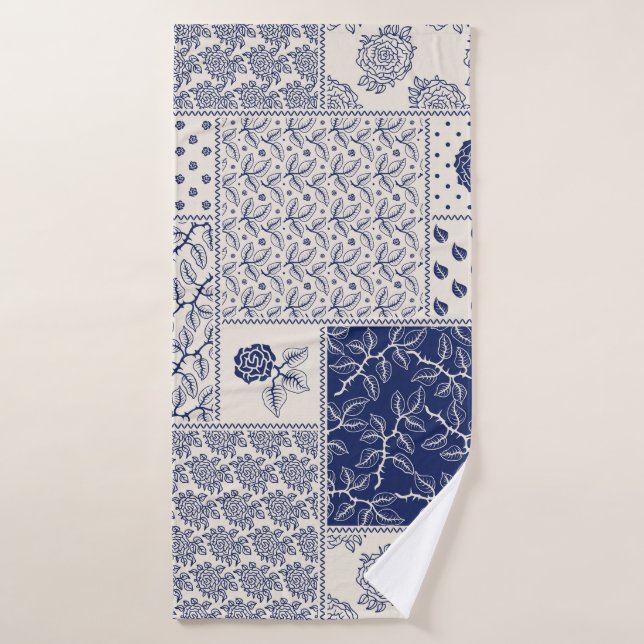 Indigo Blue Beige Floral Patchwork Bath Towel (Bath Towel)