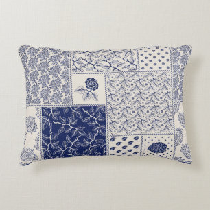 Indigo Blue Beige Floral Patchwork Decorative Cushion