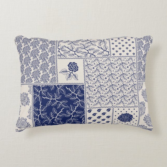 Indigo Blue Beige Floral Patchwork Decorative Cushion (Front)