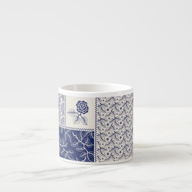 Indigo Blue Beige Floral Patchwork Espresso Cup (Front)